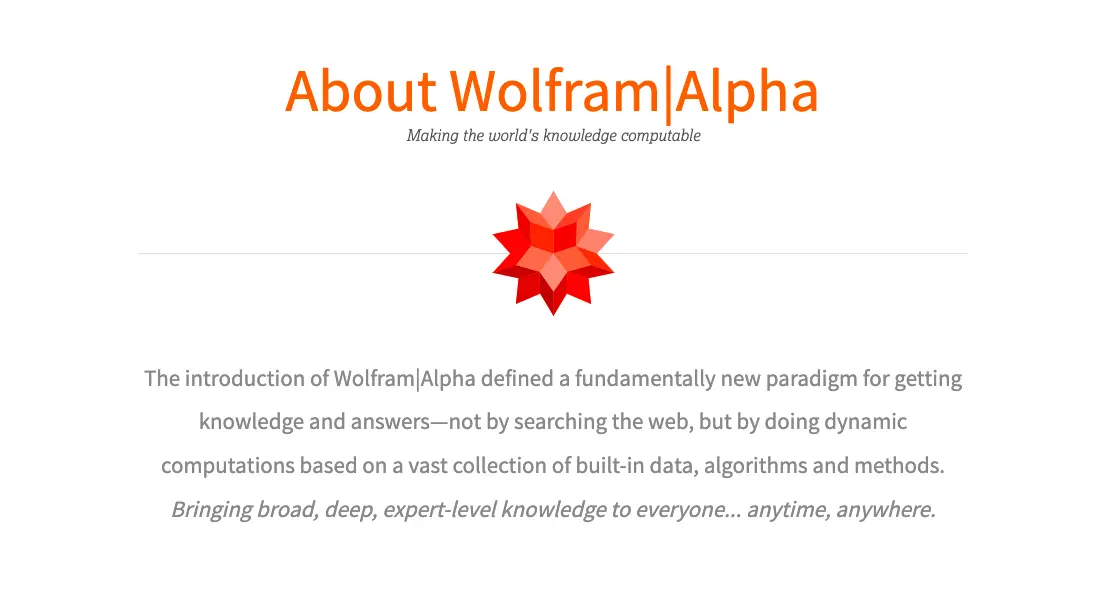 About WolframAlpha webpage describing its mission to make the world's knowledge computable through dynamic computation