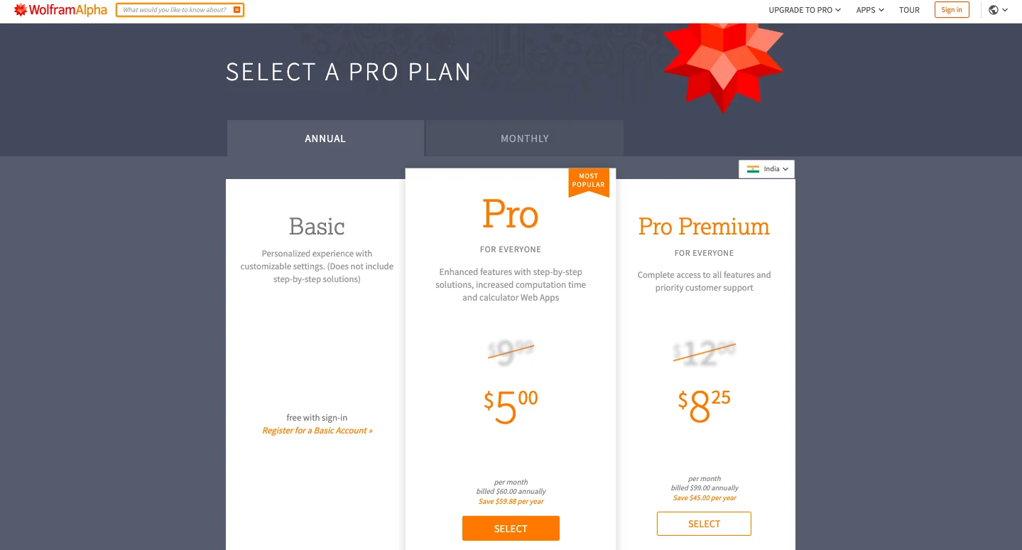 WolframAlpha pricing page showing Basic, Pro, and Pro Premium subscription plans with monthly and annual billing options