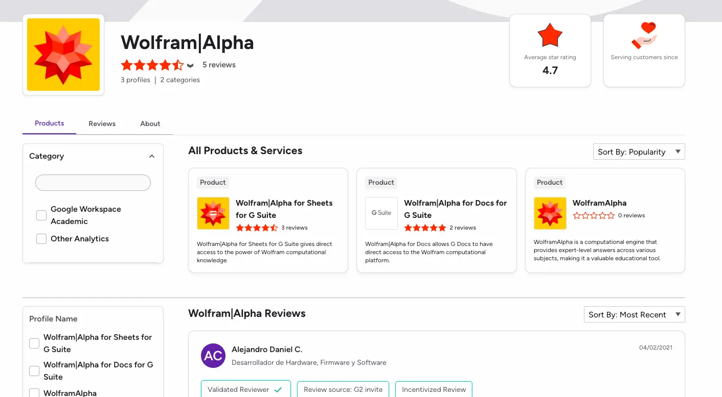 WolframAlpha review page displaying product listings, customer ratings, and user reviews for computational tools and services